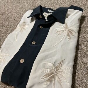 Bamboo Cay Men's Tropical Palm Tree Embroidered Button Up Shirt Size L